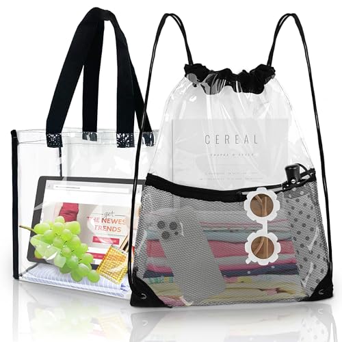 Mewcho Clear Drawstring Bags Backpack, Clear Tote Bag for Stadium Events- Transparent See Through Bag Plastic for Concert Stadium Approved Women, 2 PACK