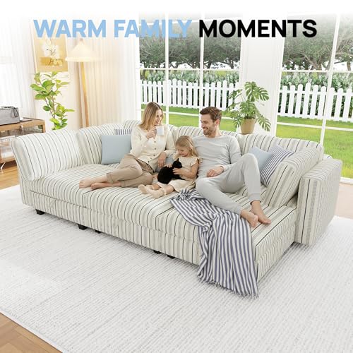Image of 99 inch Cotton Linen Modular Sectional Sofa Bed with Hidden Storage, 6 Seat Convertible L U Shaped Sleeper Couch with Ottoman Chaise, Farmhouse Modular Sectional Couch with Removable Cover for LivingRoom