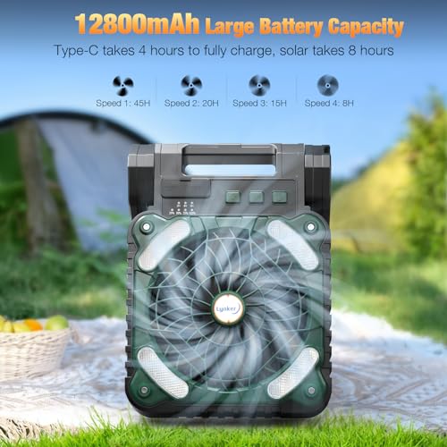 lynker-Portable-Camping-Fan-Solar-Powered-Fan-12800mAh-Rechargeable-Battery-Operated-Fan-with-LED-Lantern-4-Speeds-3-Timers-Outdoor-Tent-Fan-for-Camping-Travel-Fishing-Office-Home-Green
