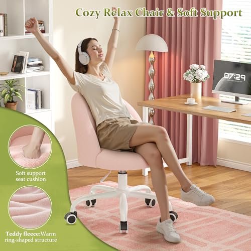Image of DurayLoly Vanity Chair with Wheels, Cute Desk Chair with Back, Armless Chair with Height Adjustable & 360 Swivel, Soft Lumbar Support for Small Space, Bedroom, Gentle Pink
