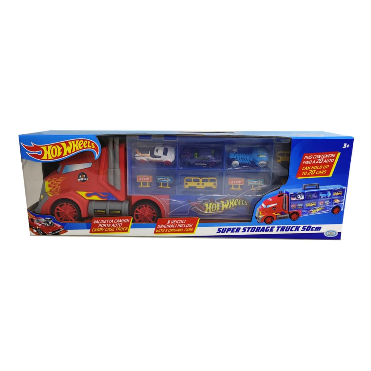 ODS 42034 Hot Wheels Transporter 50, Valigetta Bisarca con 4 Auto Originali, blu