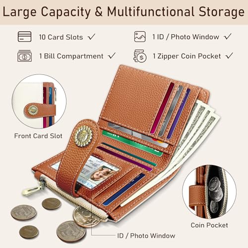 Image of Kelvoris Small Rfid Women Wallet Bifold Zipper Coin Pocket White and Brown | PU Leather Compact Cash Credit Card Holder Travel Purse for Female Ladies Teen Girls 1 ID Window 10 Card Slots