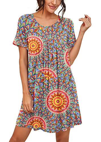 Image of PrinStory Nightgowns for Women Short Sleeve Night Gowns Pleated Sleep Shirt Ladies Nightshirt Soft Sleepwear