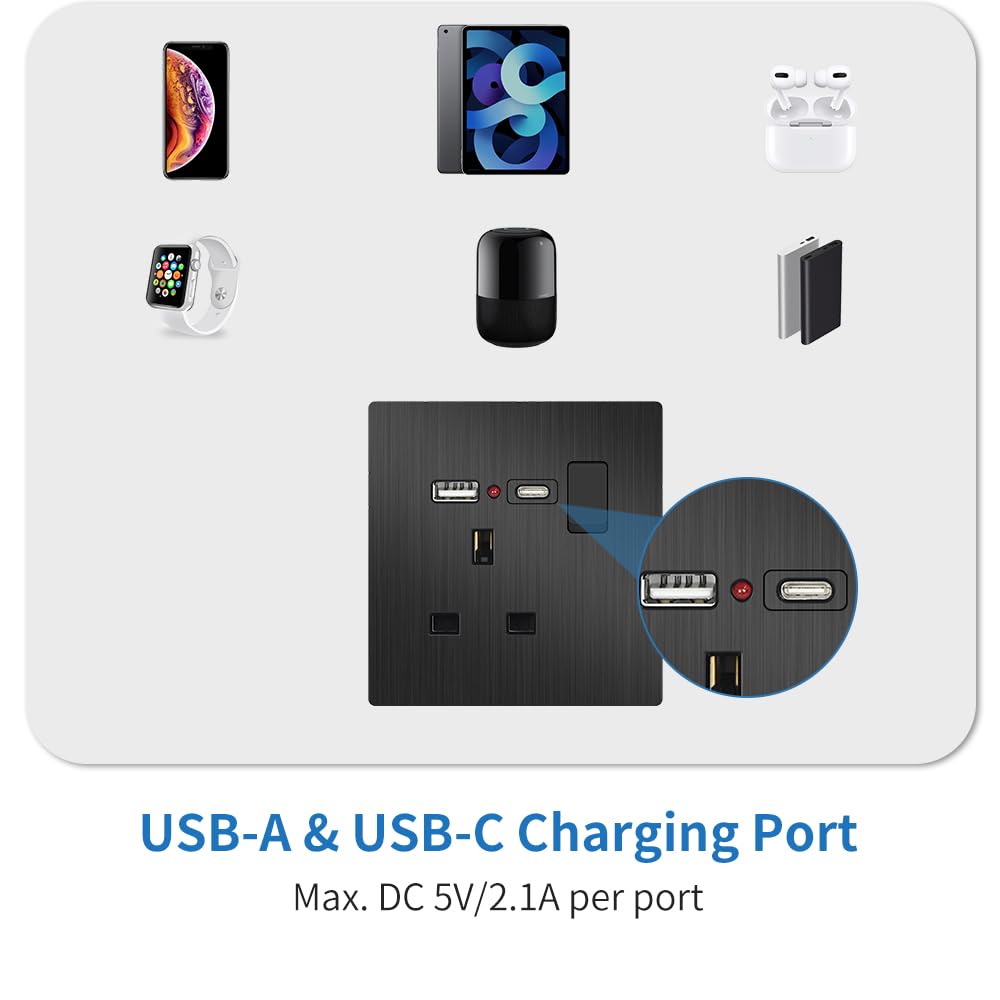 EINNO Switched Wall Outlet with USB C and A, 13 Amp, Black (Single Socket with USB) - Image 4