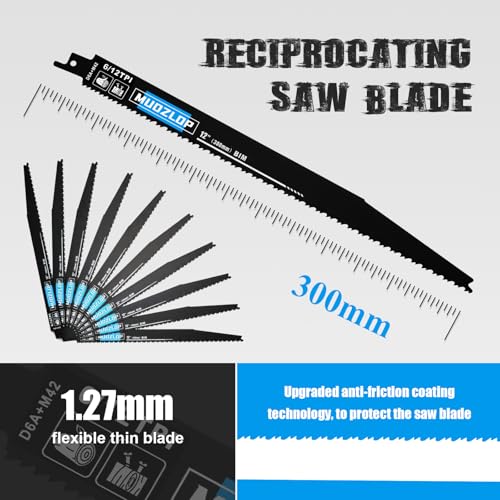 Image of 10 Pack 12 inch Reciprocating Saw Blades Set,6 /12TPI High Carbon Saw Blades, Woodcutting Saw Blades with Organizer Case (10, 6 /12TPI /12 inch)