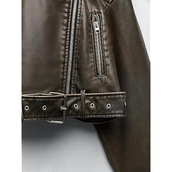 Adhdyuud Vrouwen Moto Biker Korte Pu Jas Herfst Streetwear Vintage Revers Rits Faux Lederen Jas Met Riem