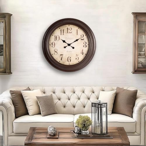 Image of Large Wall Clock - 30 Inch | Vintage Round Polyfiber Designer Clock with Brown Frame Big Clocks for Living Room, Bedroom & Home Decor (polyfibclk-numbaricbigwest-BRN)
