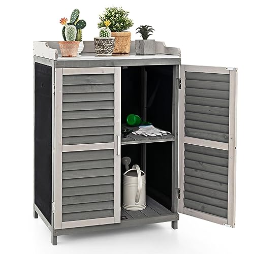 GiantexUK Wooden Garden Shed, Outdoor Tool Storage Cabinet with Galvanized Metal Top, Shelf, Double...