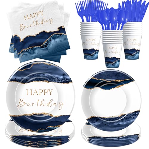 Srua Don Navy Blue and Gold Agate Birthday Party Decorations Tableware, Elegant Blue Marble Party Supplies, Disposable Paper Plate, Cup, Napkin, Cutlery, for Birthday, Baby Shower, Serves 24