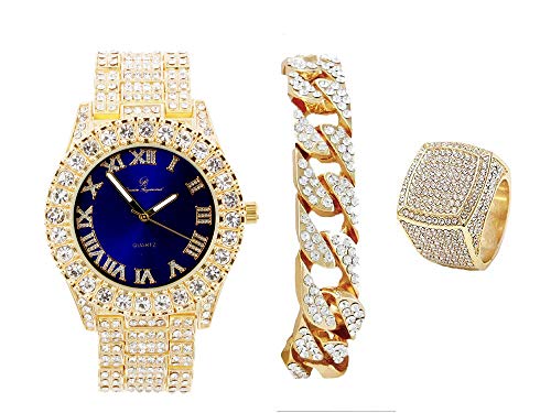 Mens Gold Big Rocks Bezel Royal-Blue Dial with Roman Numerals Fully Iced Out Watch w/Cuban Chain Bracelet & Ring Size 8- Royal Blue/Gold - ST10327CBG (8)