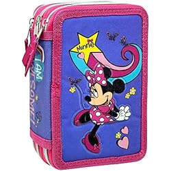 Maletin Escolar Minnie Clondo Minnie Mouse Estuche 44 Piezas para bolígrafos, Caja para artículos de papelería, Estuche Educación Primaria, Rotuladores y lápices de Color, para niños y niñas, Plumier 3 Compartimentos