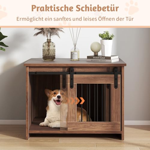 COSTWAY Hundekäfig Möbel, Hundebox für Zuhause, Hundehütte mit Schiebetür, Haustierkäfig aus Metall Holz, Beistelltisch modern, Indoor, für kleine & mittelgroße Hunde, 80 x 60 x 60 cm (Braun)