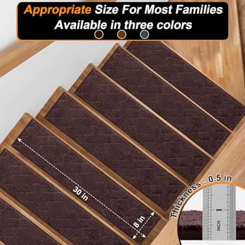 SMILOOL Non Slip Stair Treads for Wooden Steps Indoor, Carpet Stairs Runner 4 Pack 8\" x 30\" Stair Tread Rugs for Wood Stairs, Machine Washable Step Runners, Stair Pads for Pet, Brown