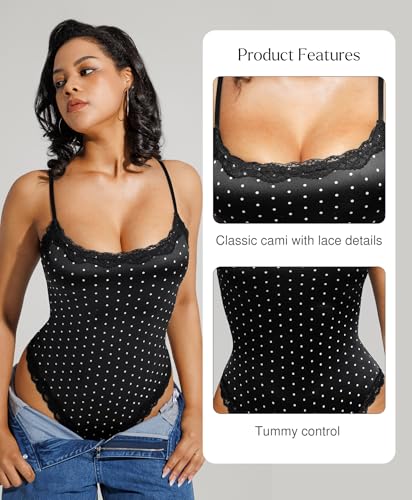 Image of Popilush Lace Body Suits Women - Square Neck Sleeveless Thong Bodysuit Tummy Conotrol Double Lined Camisole Tank Tops