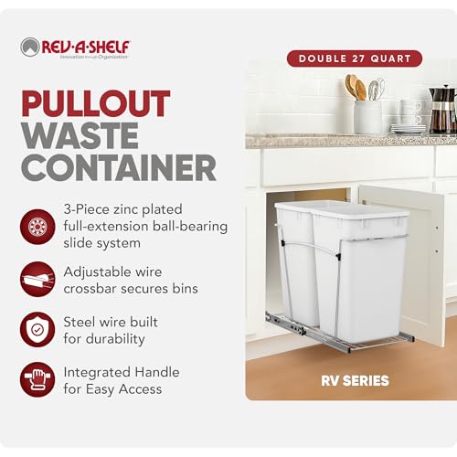 Image of Rev-A-Shelf Double Pullout Garbage Trash Cans for Kitchen Cabinets, 27 Qt