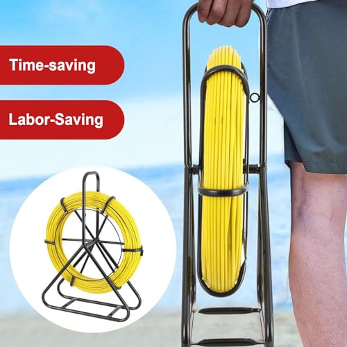 Hanured Fiberglas-Rohrstange 6 x 50 m mit Stahlständer und Bremse, Glasfaserstab, Fischband Fiberglas Kabel Rad, Hand-betrieben Draw Wire Retractable Einfädler