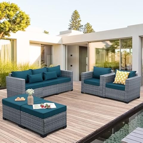 Lviden 5-Piece Patio Furniture Set, Outdoor Conversation Set with PE Wicker Couch, Chairs, and Ottomans, All-Weather Grey Rattan with Anti-Slip Cushions for Backyard, Balcony, and Deck, Peacock Blue Cover