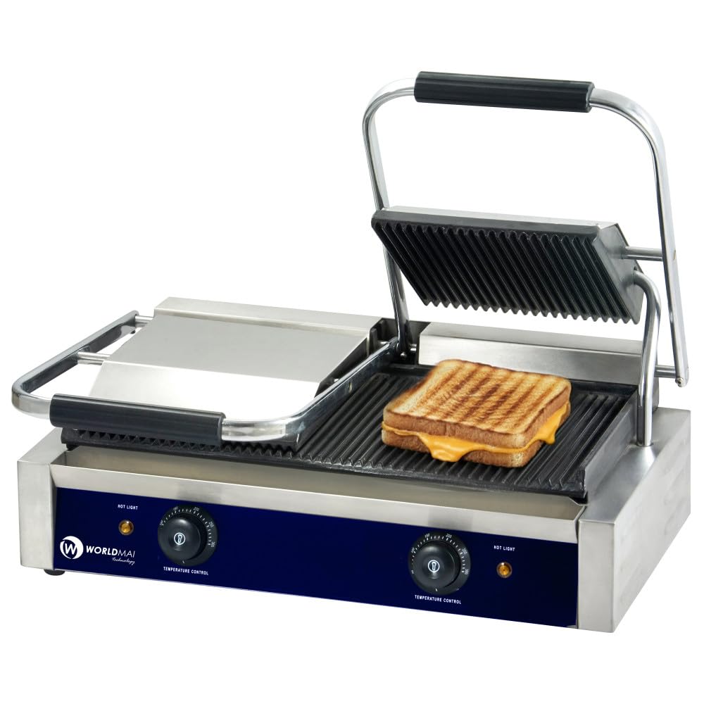 MBH – Grill Eléctrico Profesional WORLDMAI doble 58 x 41 cm con Placas Acanaladas para la Hostelería. Plancha Sandwichera Panini de Contacto para Bar y Restaurante