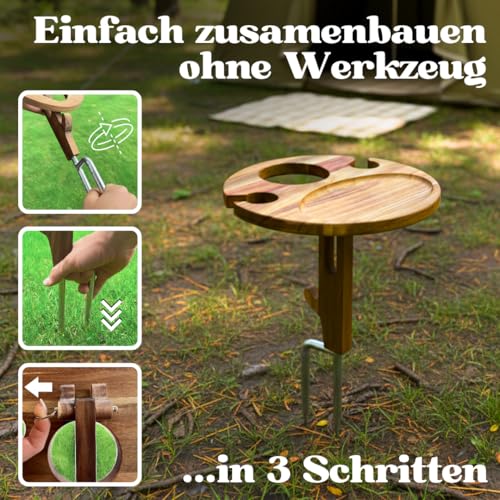 Decozy Life Steckbarer Weinhalter aus Massivholz - klappbarer Picknicktisch – Picknick & Camping Geschenke | Strand Gadget, Garten Gadget & Wein Zubehör | Originelles Camper Geschenk für Weinliebhaber