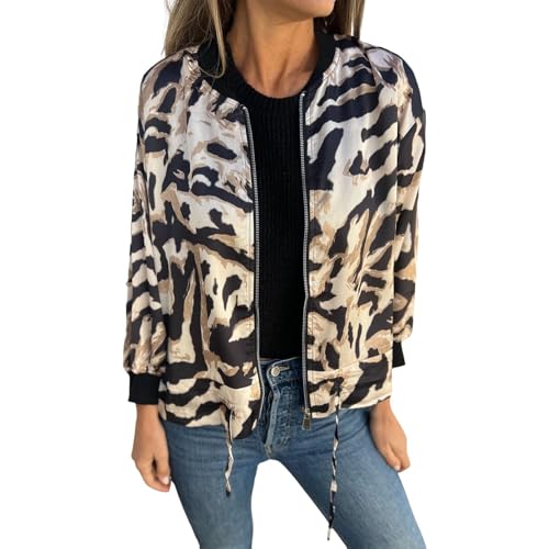 Generisch Chaqueta bomber para mujer, de manga larga, ligera, para primavera, otoño, elegante, con estampado de leopardo, cremallera, informal, cuello alto, chaqueta de entretiempo, ropa exterior