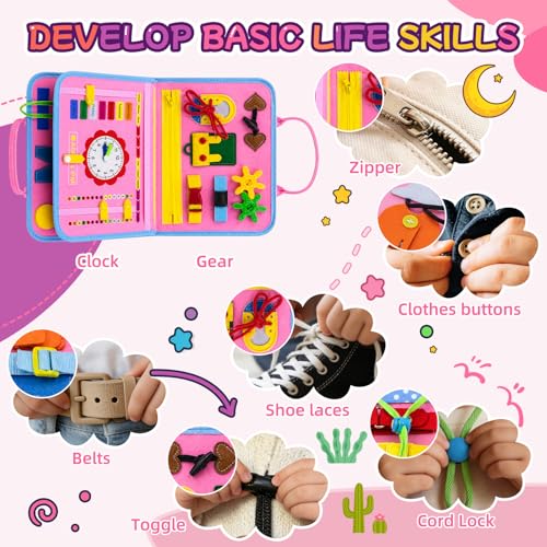 Image of Montessori Busy Board for Toddlers 1-3, 4 Pages 15+ Activities Sensory Toy, ABC Numbers Colors Learning, Toddler Quiet Book Travel Toy, Preschool Educational Gift for Boys Girls, Pink Mermaid