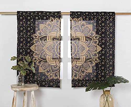 Popular Handicrafts Curtains for Living Room Set of 2 Indian Hippie Bohemian Beautiful Ombre Color Mandala Printed Curtain for Bedroom Panels Black Gold