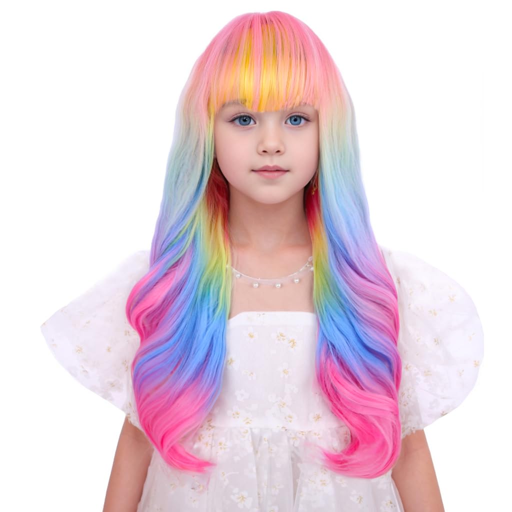 Edivd Girls Rainbow Wig Kids Long Colorful Wavy Curly Wig Long Multi-color Wigs with Flat Bangs for Child Heat Resistant Synthetic Hair with Cap