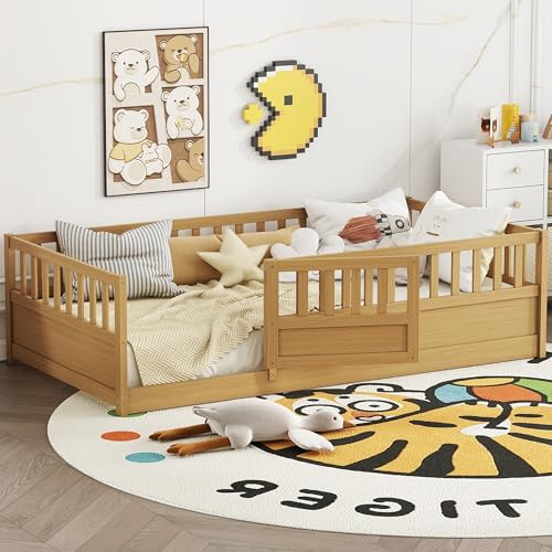 Twin Floor Bed with Slats and High Fence, Twin Size Montessori Floor Beds with Door, No Box Spring Needed, Easy Assemble Montessori Bed Frame(Natural Twin)