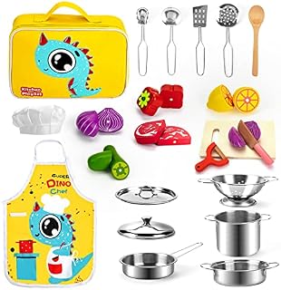 Kids Kitchen Accessories, Play Kitchen Wooden Food Cookware, Stainless Steel Cooking Set, Kids Kitchen Pretend Play Toys with Pots Apron & Chef Hat, Wooden Kitchen Toy for Toddler Boys Girls