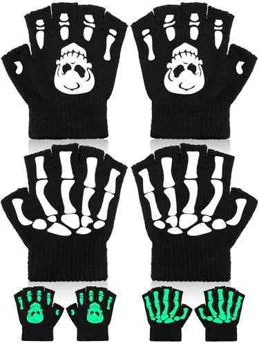 Bencailor 2 Pairs Halloween Glow in the Dark Fingerless Gloves Skeleton Knitted Skull Gloves Cosplay Costume Accessories