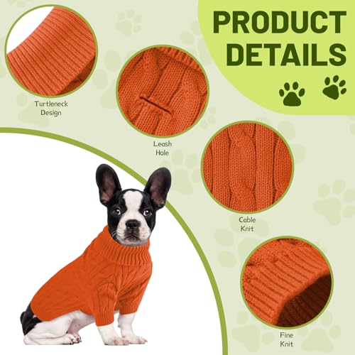 Image of Small Dog Thermal Pullover Sweater, Classic Turtleneck Cable Knitwear Dog Clothes for Cold Weather Warm Pet Clothes for Chihuahua, Bulldog, Dachshund, Pug Orange Medium