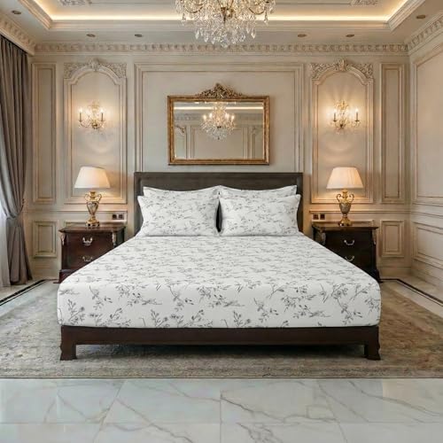 Image of LINENWALAS 100% Cotton Elastic Fitted Bed Sheet for Double Size Bed | Fits 6-12 Inch Mattress | Soft Breathable, OEKO-TEX Certified Premium Bedsheet with 2 Pillow Cover (72x72 Inches, Grey Monochrome)