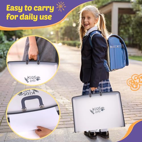 Image of 11x17 Kids Art Portfolio - Accordian File Organizer with 13 Pockets, Art Portfolio for Kids with Handle and Zipper Closure - Oxford Cloth, Frosted Translucent Artwork Folder for Children - 1 Pack