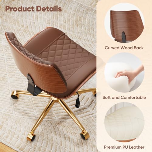 Image of Armless Office Chair with Back, Mid Century Modern Small Desk Chair, No Arms Leather Computer Chair for Home Office, Swivel Vanity Chair, Rolling, Adjustable Height (Dark Brown)