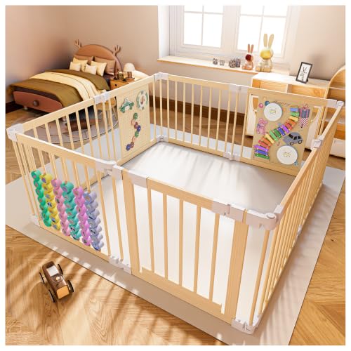 YZNVCG Baby Playpen - Adjustable Multi-Shape Wooden Play Yard, Portable Collapsible Activity Center with Baby Fence Play Area & Toys for Infants, Toddlers (57x57x24inch)