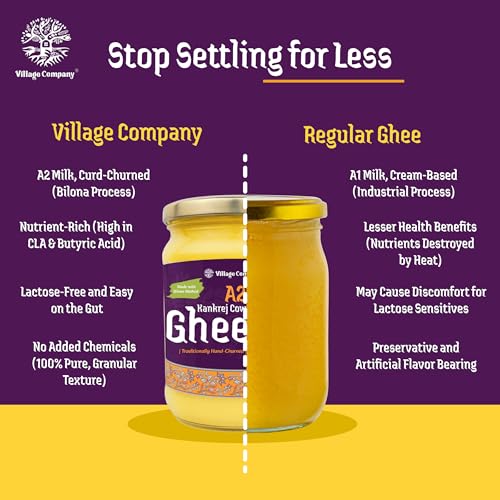 Image of Village Company A2 Cow Ghee Bilona Method | Kankrej Cow A2 Ghee | Bilona Ghee | Desi Cow Ghee | Two Way Curd Churned | Grainy Danedar Aromatic | Lab Tested | Glass Jar - 550 ML A2 Pure Ghee