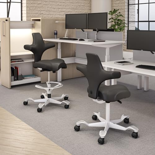 Image of HAG Capisco Sit to Stand Chair-White Frame-Upholstered Gray Ash Vinyl-with Foot Ring