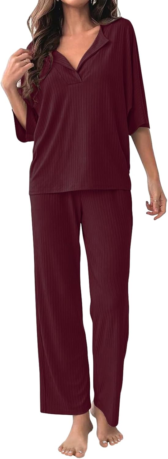 COSSEN Women’s 2 Piece Pajamas Set Ribbed Knit Loungewear Casual Outfits 3/4 Sleeve Tops and Wide Leg Pants Set