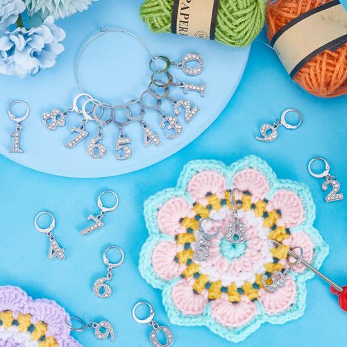 SUNNYCLUE 1 Box 20Pcs Stitch Markers Cute Rhinestone Number 1~9 Charms Numbers Stitch Markers Knitting Crochet Marker Removeable Clip On Stainless Steel Locking Leverback Clasps Charm for Weaving - Image 4