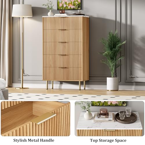 GarveeHome 5 Drawers Dresser for Bedroom, Fluted Dresser Chest of Drawers with Handle, Wood Modern Dressers for Closet, Bedroom Furniture Storage Organizer for Living Room, Hallway
