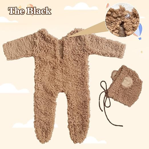 Image of Babymoon Set of 2 | Fleece Suit with Infant Baby Bear Cap Hat | Baby Photography Props Costume | Baby Gift Set | 0-3 Months | Brown