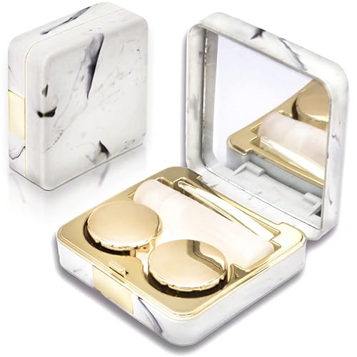 Vastsoon Contact Lens Case, Portable Cute Eye Contacts Colored Lenses Applicator Remover Tool Kit with Mirror Solution Bottle for Travel Daily Outdoor (Square, Gold) - Square,Gold