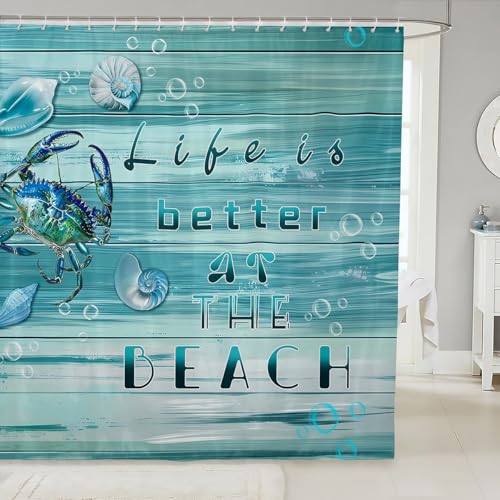 Homemissing Krabbe für Stände Küstenstrand Duschvorhang 180x200cm für Jungen Mädchen Bauernhaus Holz Sommer Hawaiianisches Seeleben Ozean Marine Muscheln Muster Ganze Saison