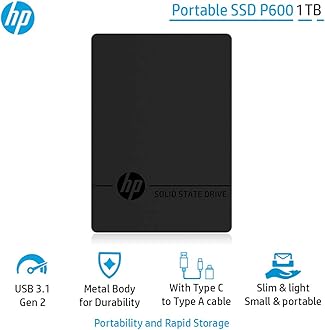 HP Portable USB3.1 SSD P600-1TB, Gen2 High-speed transmission, Black, 3XJ08AA#ABB