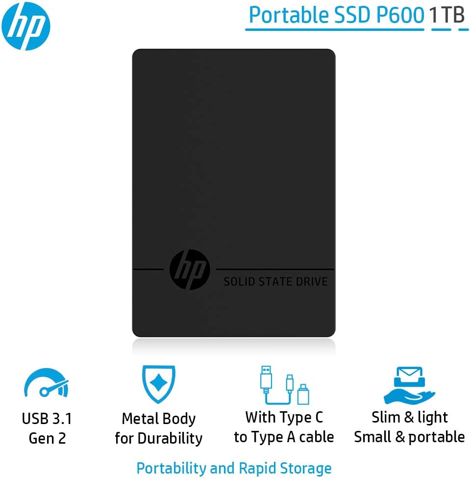 HP Portable USB3.1 SSD P600-1TB, Gen2 High-speed transmission, Black, 3XJ08AA#ABB