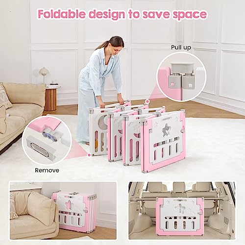 Baby Playpen, Dripex Baby Playard for Babies and Toddlers, 14-Panel Foldable Playpen Adjustable Portable Play Area, Indoor/Outdoor Kids Active Center with Game Panel & Safety Gate, Pink White