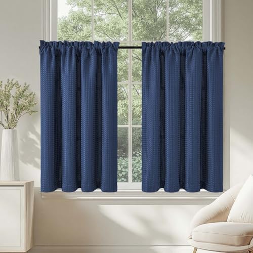 TOPICK Blickdicht Scheibengardinen Waffe Bistrogardine 2Stück H115xB90 Blau | Verdunkelung Küchenvorhänge modern Lichtdurchlässig Schrank Kurzgardine Küchfenster landhausstil küche