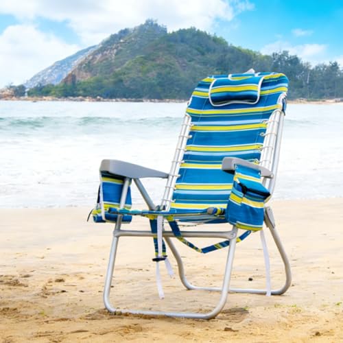 Image of Romswi Tall Beach Chair Extra Wide for Adults, 17 inch High Seat Backpack Beach Chair with Cooler Bag, Cup & Phone Holder, 5-Position High Back Reclining Chair with Towel Bar & Zipper Pocket, Blue Stripes