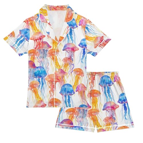 ALAZA Jellyfish Coral Watercolor Pajamas Satin Pajama Set Short Sleeve Button Down Sleepwear