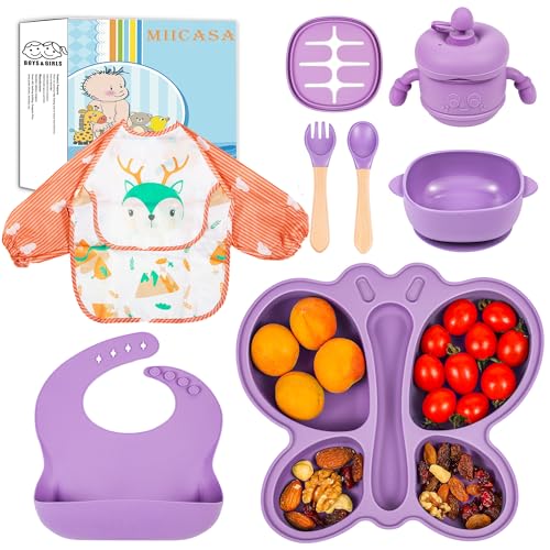 Silicone Baby Feeding Set, Baby Led Weaning Supplies, Silicone Suction Butterfly Plate, Bowl, Spoons, Fork and Waterproof Bib & Cloth Bib, Eating Utensils Baby Feeding Essentials (Purple)